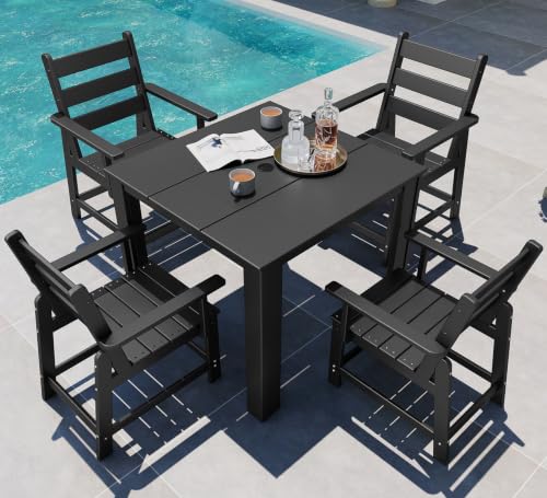 Image of GREENVINES 5-piece Patio Dining Set, HDPE Square Table & 4 Armchairs, Black
