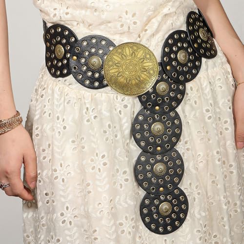 Western Leather Belts for Women Vintage Boho Cowgirl Belt with Concho Wide Disc Belt for Dresses Jeans Skirts4