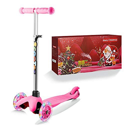 WeSkate - Patinete Infantil de 3 Ruedas para Principiantes, Niñas de 2 a 8 Años, Mini Patinete con Ruedas Luminosas y Manillar Ajustable, Ligero y Fácil de Transportar (Rosa,con Caja de Regalo)