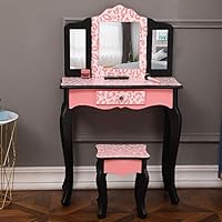 Vasitelan Kids Vanity Table and Chair Set, Girls Vanity Set with Mirror and Stool, Makeup Dressing Princess Table with Drawer, Kids Vanity Set with Mirror (D Style)