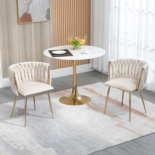 MURUL Juego de 2 sillas de comedor de terciopelo, lujosas y modernas, con patas de metal doradas, diseño elegante tejido a mano y cojines suaves para comedor, salón y dormitorio, color marfil