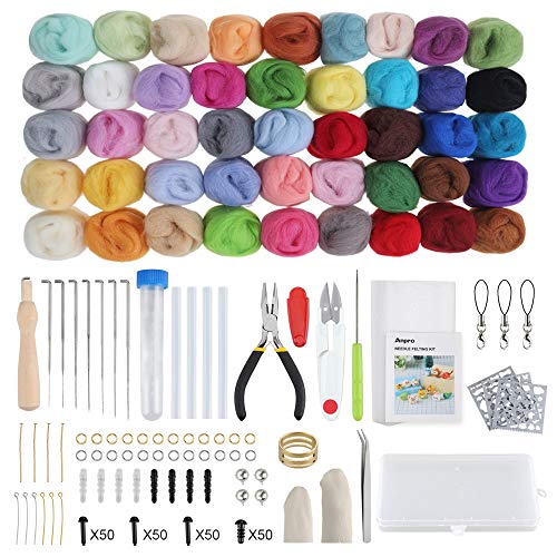 Anpro Kit de feutrage d'aiguilles pour Adultes, avec 45 Couleurs de Laine et Outils de Base en Feutre et 3 modèles, pour Les débutants à Faire soi-même des Jouets en Feutre