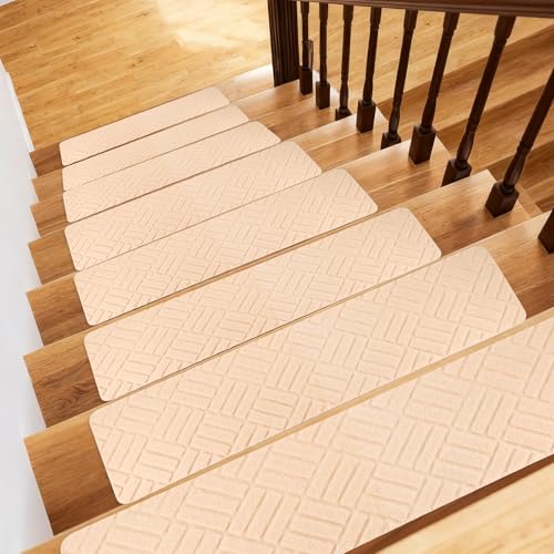 Weskjer 15 Pack Stair Carpet Treads, 76x20cm Stair Runner with Reusable Adhesive, Washable Carpet for Stairs for Elders, Kids and Pets, Beige