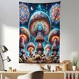 Ambesonne Mushroom Tapestry, Psychedelic Atmosphere Starry Astral Scene with Trippy Oriental Motifs, Fabric Wall Hanging Decor for Bedroom Living Room Dorm, 30' X 45', Aqua Marigold Indigo
