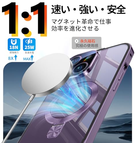 Bluoocase【磁石+溝二重自動ロック!3in1スタンド・覗き見防止】iPhone 14 用 ケース 全面保護 Magsafe対応・CDリング 縦横両立 アイフォン14 カバー 9H強化ガラス ワイヤレス充電 両面 一体型レンズ保護 高感度タッチ ストラップホール付き 透明黄変防止PC背面 指紋防止アルミバンパー いphone14 用 携帯ケース 6.1インチ(ディープパープル)