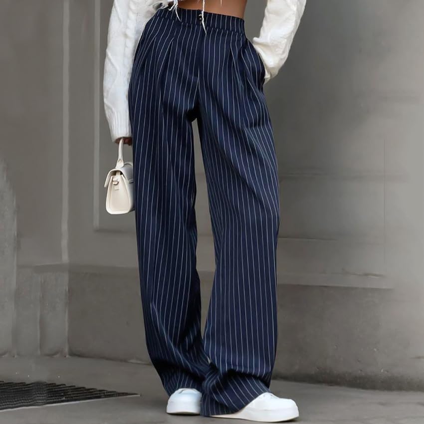Women's Y2K Cottagecore Pants Vintage Striped Wide Leg Trousers Harajuku Aesthetics Buttoned Clothing with Pockets2