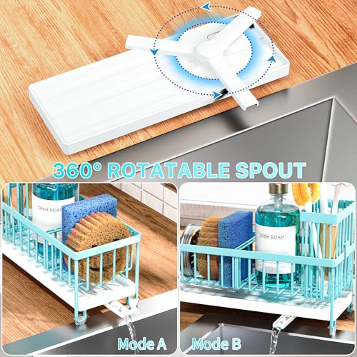 Image of Cisily Sponge Holder for Kitchen Sink, Sink Caddy Organizer with High Brush Holder, Kitchen Countertop Organizers and Storage Essentials, Rustproof 304 Stainless Steel (Turquoise, 9.25″)