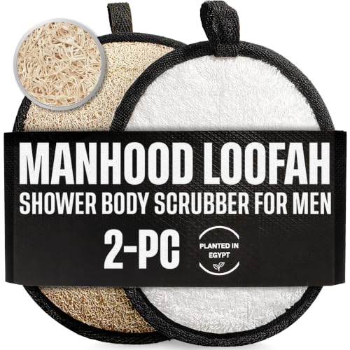 CraftsOfEgypt Mens Loofah Body Scrubber - Egyptian Luffa Sponge Shower Pad for Male Hygiene Essentials Dual-Sided Loofah Mitt and Body Wash Scrubber for Back Chest and Bath - Black & White 2PCS