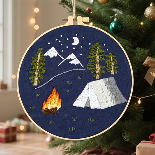 Image of Crafmanoe Christmas Embroidery Kits for Beginners Adults, Hand Embroidery Starter Kits, Christmas Cross Stitch Kits for Beginners Craft Kits for Adults Women, Embroidery Hoops, Thread & Video Tutorial