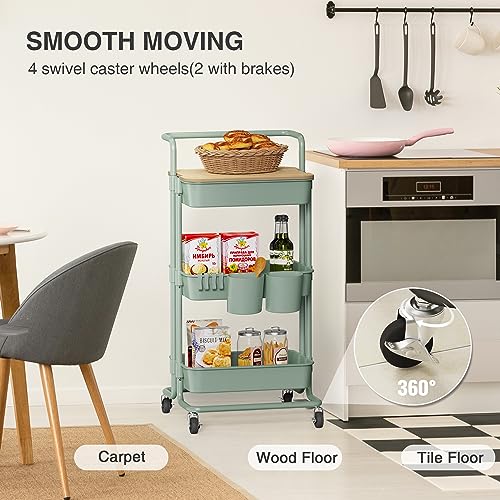 Image of DTK 3 Tier Rolling Utility Cart with Cover Top Board, Movable Kitchen Storage Cart Trolley with Lockable Wheels, Cups, Hooks for Kitchen Bathroom Home Office Art Craft Storage(Turquoise /Green)