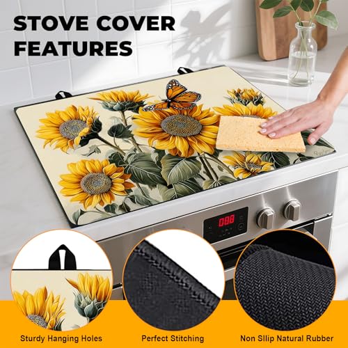 Image of Stove Top Cover Retro Flower Gas Stove Top Cover for Home Decoration Kitchen Pad Non-Stick Washable Cooktop Covers Countertop Protector Keep Stove Clean 28 inchx20 inch (sunflower-1)