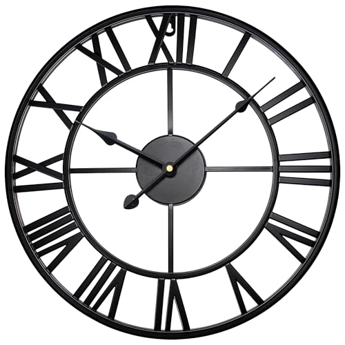 Large Wall Clocks for Living Room ,Metal Wall Clock for Garden, Silent Non-Ticking Roman Numerals Wall Clock for Indoor & Outdoor, Vintage Look Clock for Bedroom, and Kitchen (Black, 40 CM (16))