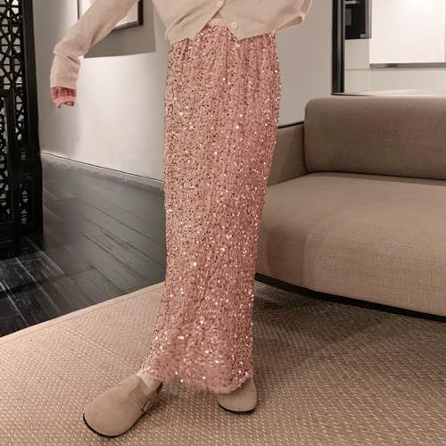 Women Long Skirt Elegant Elastic Waist Shiny Sequins Casual Skirt Streetwear for Daily4