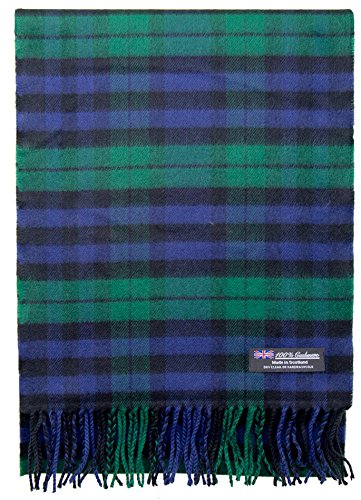 2 PLY 100% Cashmere Scarf Elegant Collection Made in Scotland Wool Solid Plaid Men Women (Green Blue Black Z317)