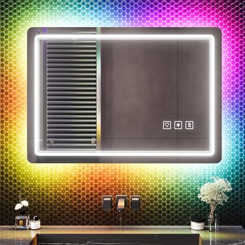 Lvifur Specchio da bagno a LED, 80 × 50 cm, specchio a LED, interruttore touch, temperatura di...
