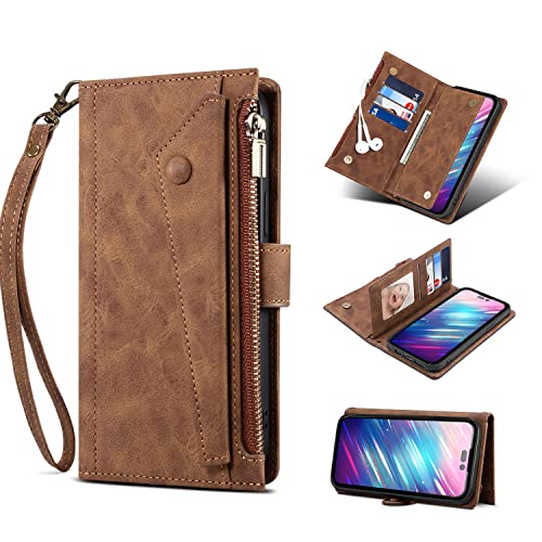 JINGANGYU JGY iPhone 14 Pro Max Zipper Leather Wallet Case for Woman Man, iPhone 14 Pro Max Case Wallet with 8 Card Slots Kickstand Wrist Strap Magnetic Closure Full Cover Flip Wallet (Brown)