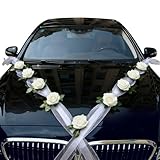 Foydream Autoschmuck Hochzeit Motorhaube 2pcs Bändern aus 160 cm Weiß Organza M Auto Schmuck Hochzeit mit 9 Rosen Hochzeitsdeko Girlande Hchzeit Brautauto Dekoration Set für Hochzeit Party
