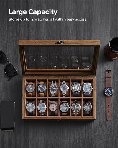 Image of SONGMICS 12-Slot Watch Box, Watch Display Case with Large Glass Lid, Removable Pillows, Velvet Lining, Gift Idea, Rustic Walnut UJOW120K01