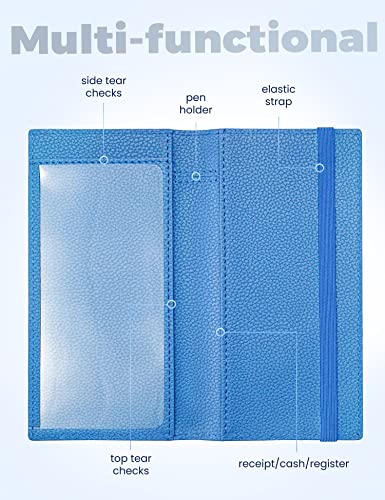 Image of Yarnic Checkbook Cover for Personal Checkbook, Checkbook Holder with Pen Holder & Built-in Clear Plastic Divider for Duplicate Checks (Blue)
