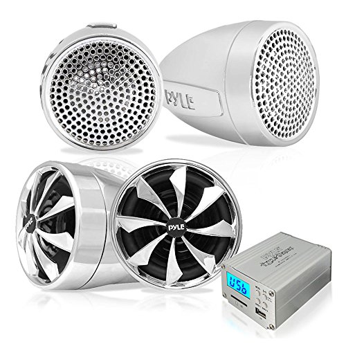 600 Watt Weatherproof Motorcycle Speaker and Amplifier System w/ Four 3 Inch Waterproof Speakers, AUX IN - Handlebar Mount ATV Mini Stereo Audio Receiver Kit Set - Also for Marine, Boat - Pyle PLMCA98