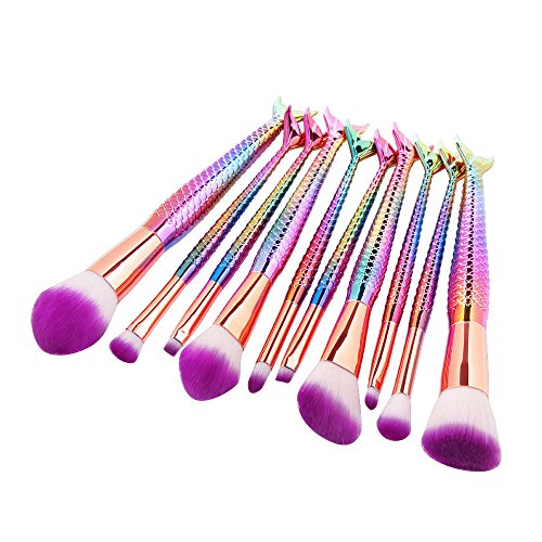 Mermaid Makeup Brush Set Iskas 10pcs Make Up Brushes Kit Soft Nylon Bristles Foundation Blending Blush Concealer Cosmetics Beauty Tools - Multicolor Gradient