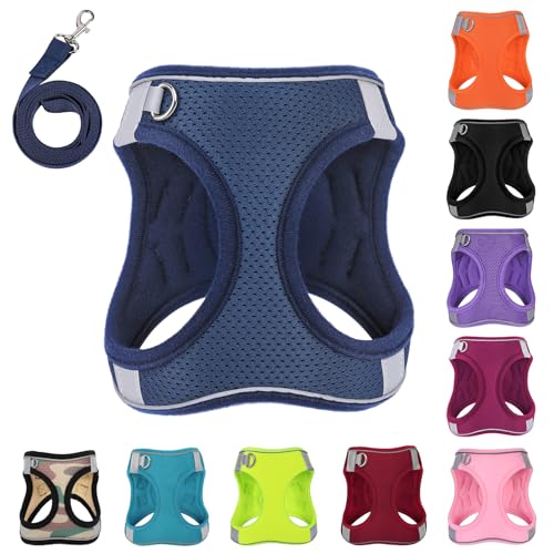 Dog Harness with Leash Set, No-Pull Step-in Reflective Pet Harness with 1 Leash Clips, Adjustable Soft Padded Easy Walk Dog Vest for Small Medium Large Dogs, Cats(Dark Blue,Medium)