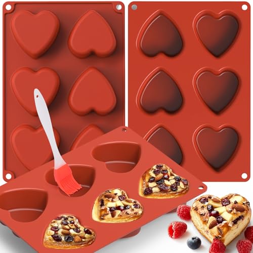 BABORUI 18 Cavities Heart Molds Silicone, Nonstick Heart Shaped Muffin Pan with Brush, Mini Silicone Heart Molds for Baking, Valentines Day Gifts for Him/Her (3 Packs)