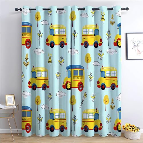 Cortinas Opacas con Diseño Estilo de dibujos animados de autobús escolar amarillo 234 x 229 cm para Oscurecer la Habitación, Cortinas de Ventana Estilo de ilustración para Sala de Estar y Dormitorio