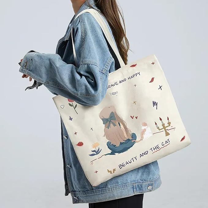 K2P Women Reusable Shopping/Grocery Classic Tote Bag With Pocket Shoulder Canvas Handbag Travel Bag Multi-Purpose 2