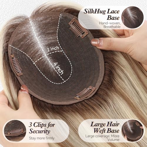 starluck Lage Swiss Base SilkHug 14 Inch Real Human Hair Toppers,60 Gram,100% Real Human Hair Toppers for Women with thinning (Blonde Mixed Brown with Dark Brown Roots,no Bangs)
