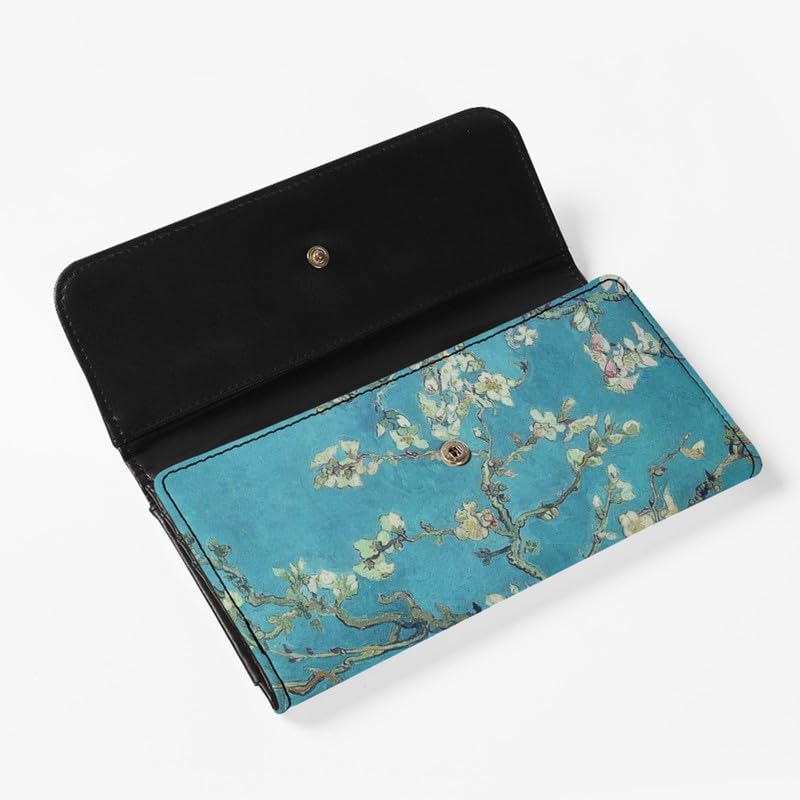 Almond Blossom Women's Vintage Leather Long Tri-fold Wallet, Flowers Leather Wallets Oil Painting Art Checkbook Wallet with ID Card Transparent Slot2