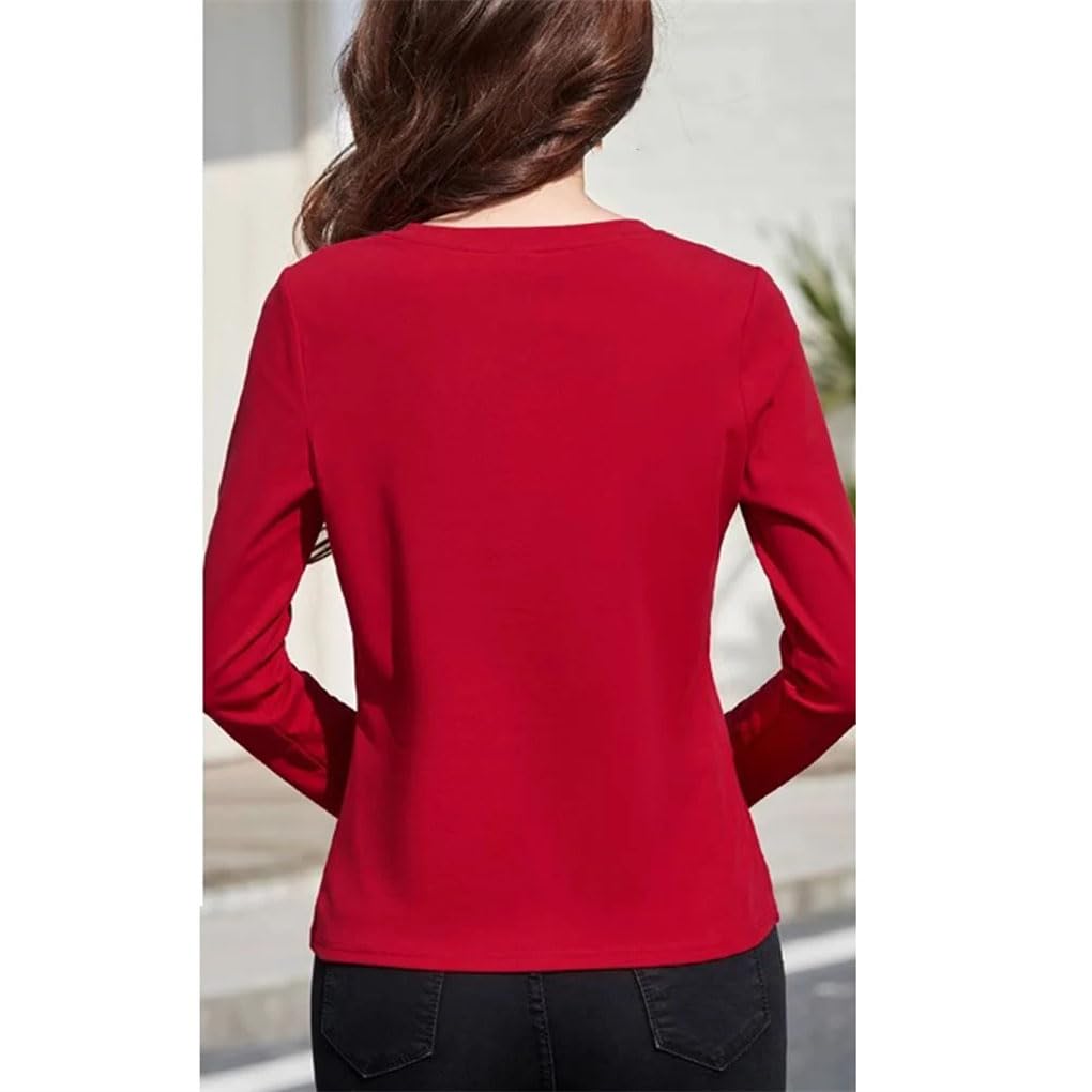 Camiseta de manga larga de algodón para mujer, cuello en V, informal, holgada, para oficina, color liso