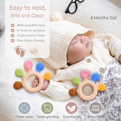 Image of Baby Teether Silicone Teething Toy - BPA Free Food Grade Ring for Infants & Newborns - Textured Sensory Chew Toy for Gum Relief - 3-12 Months Molar Teether with Bear & Bunny Animal Designs