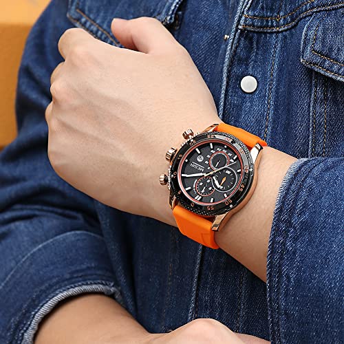 MEGIR Men's Sports Analogue Chronograph Luminous Quartz Watches with Stylish Orange Silicone Strap for Gifts (2211 Orange)