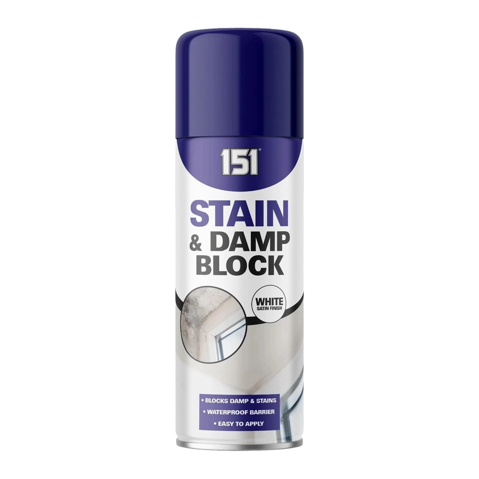 RIZZIIZ Stain & Damp Block aerosol Spray, white satin finish, waterproof barrier, dual action, primer and a sealer, designed for interior use to block stubborn stains and damp patches, 400ml (1PCS)