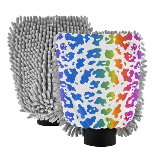 ALAZA Leopard Print Rainbow Cheetah Car Wash Mitt Scratch Free, 2 Pack Absorbent Microfiber/Chenille Washing & Drying Mitts, L