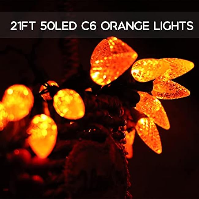HUGSVIK 21Ft 50LED C6 Orange Lights for Halloween, 8 Mode Solar Halloween Lights Outdoor, Waterproof Solar Christmas Decorations for Halloween Thanksgiving Holiday Christmas Decor