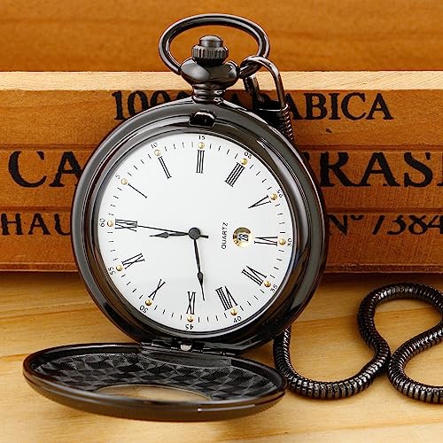 Image of Hollow Roman Digital Pocket Watch Cover for Men, Calendar Roman Dial Men's Pocket Watch with Chain