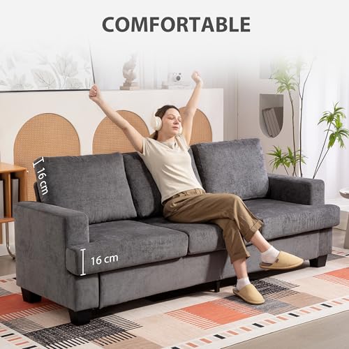 HOMCOM 3-Sitzer Sofa, Couch mit Armlehnen, Loungesofa mit Chenille-Optik, Stahlrahmen, Gepolstert Polstersofa für Wohnzimmer, Schlafzimmer 213 x 82 x 90 cm, Grau – Bild 6