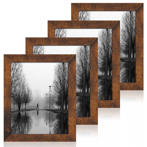 iRahmen 8x10 Picture Frame Set of 4, High Definition Glass 8 x 10 Frame, Wood Rustic Photo Frames for Horizontal or Vertical Display Tabletop and Wall Mounting, Dark Brown