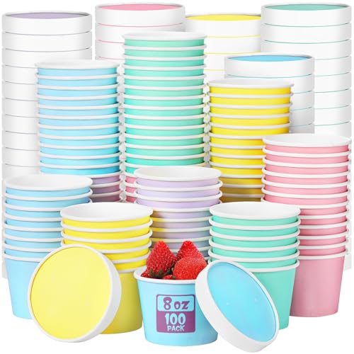 Image of Fulmoon 8 oz 100 Pack Paper Containers with Lids Soup Bowl Cup, Multi Color | Disposable Ice Cream Cup, Kraft Food Containers with Vented Lid Stackable for Hot Soup Dessert Cake Fruit Microwave Takeout
