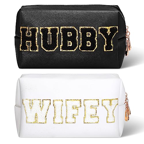 Pinkunn 2 Pcs Wifey Hubby Makeup Bag Bride Patch Cosmetic Bag Mrs Travel Toiletry Purse White Letter PU Leather Waterproof Pouch Wedding Bridal Shower Honeymoon Gift for Women Party Organizer