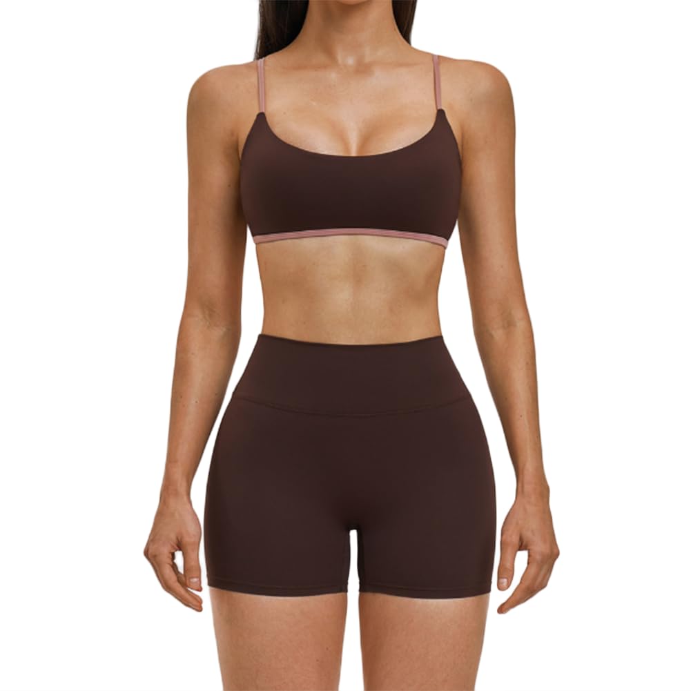 Xyffybhsd Women's Brown 2-Piece Workout Set For Yoga Running High-Waisted Elastic Shorts Backless Bra Top(Size:m,Color:brown)
