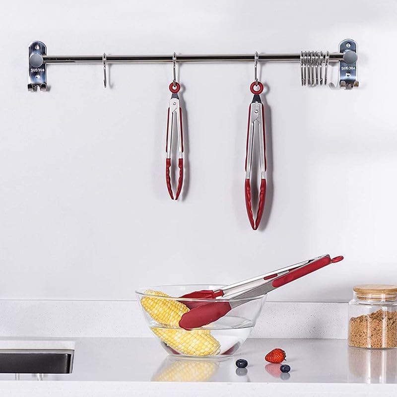 Image of Stainless Steel Food Tongs with Silicone Tips- 9 INCH | 230C Heat Resistant, Heavy Duty Non-Stick Tongs for Kitchen BBQ Cooking Grilling Buffet Noodles Salad Steak (RED)
