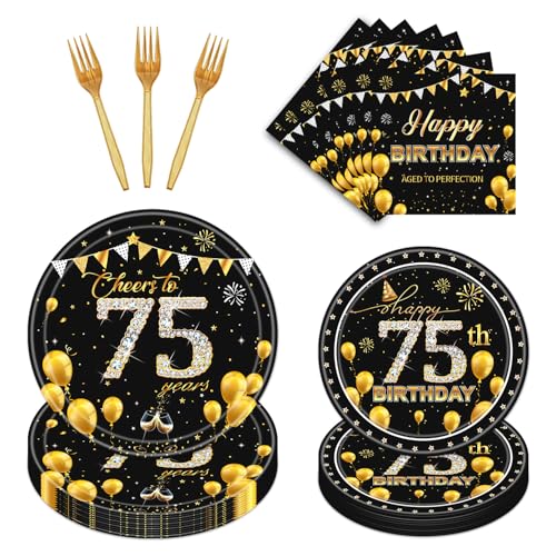 refavor 75th Birthday Decorations Supplies,96PCS 75th Birthday Party Plates Tableware Set, Black Gold Cheers to 75 Years Plates Forks Napkins Dinnerware for Men Women