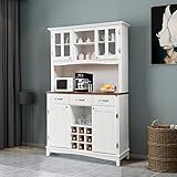 COSTWAY Large Kitchen Storage Cabinet, Freestanding Buffet Cupboard with Adjustable Shelves, Tempered Glass Doors, 9 Wine Compartments & 3 Drawers, Wooden Tall Sideboard for Living Room Office (White) - Image 9
