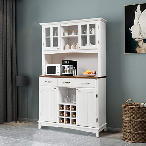 Giantex Buffet Hutch Cabinet, Kitchen Hutch Sideboard, Buffet Cabinet On Storage Island, Wood Kitchenware Server With 3 Large Drawers And 9 Wine Bottle Modulars (White) #TOP2