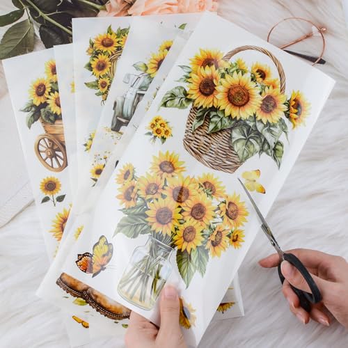 WANDIC 6PCS Rub On Transfer Sticker, Sunflower Theme Transfer Decals for DIY Scrapbooking Photo Albums Furniture Envelope 11.8 * 5.9in - Image 4