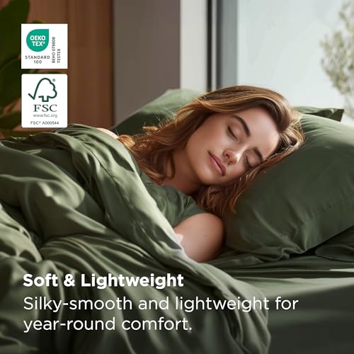 Image of Bedsure PureWoven Cooling Duvet Cover, Ideal for Hot Sleepers, King Size | 100% Viscose Derived from Bamboo, Lightweight & Silky Soft, Breathable Moisture-Wicking Bedding Set, 3 Pieces, Olive Green