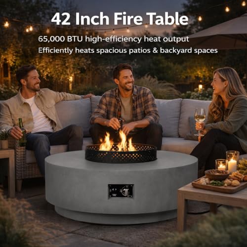 Image of Gas Fire Pits for Outside Patio, 42 Inch 3-PC Propane Fire Pit Table | 65,000 BTU Round Gas Firepit, with Wind Guard, Tank Cover, Rain Cover and BBQ Grill for Garden, Patio, Grey